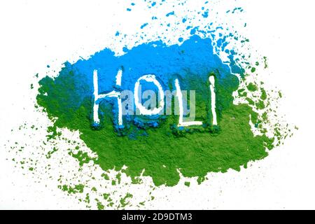 Colorful traditional powder with Holi sign, isolated on white, Hindu spring Holi Festival. Indian traditional spring color Festival Stock Photo