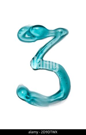 Number three written by transparent gel isolated on white background. Squeezed transparent gel with bubbles close-up Stock Photo