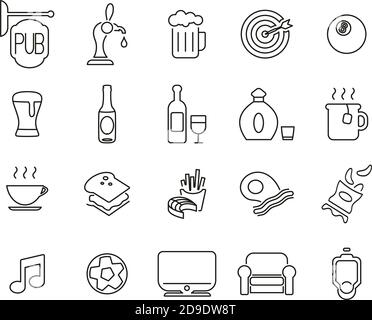 Pub Or Bar Icons Black & White Thin Line Set Big Stock Vector