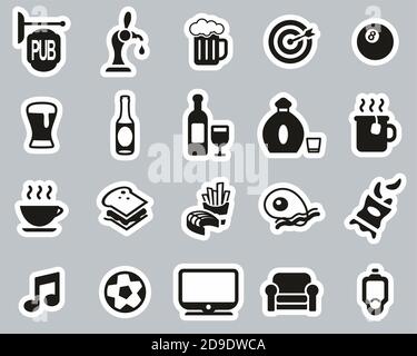 Pub Or Bar Icons Black & White Sticker Set Big Stock Vector