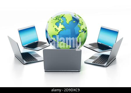 Laptop computers standing around the globe. 3D illustration. Stock Photo