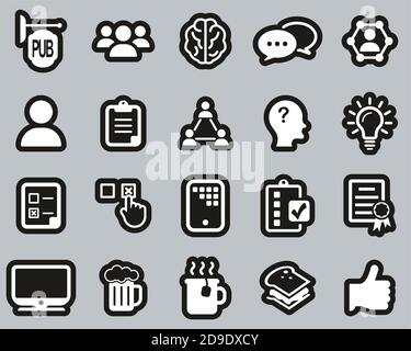 Pub Quiz Or Bar Quiz Icons White On Black Sticker Set Big Stock Vector