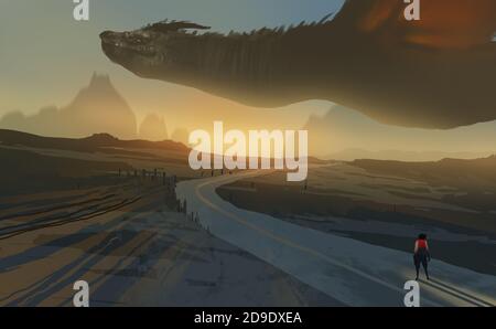 Digital illustration painting design style big dragon flying above a farm, against sunset. Stock Photo