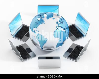 Laptop computers standing around the globe. 3D illustration. Stock Photo