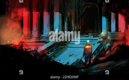 Digital illustration painting design style a man standing in front of abandoned sanctuary. Stock Photo