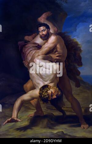 Hercules and Antaeus 1836 by Rafael Tegeo Díaz 1798 - 1856, Spain, Spanish. ( Hercules wrestling against Antaeus, son of Gaia, the personification of Mother Earth, and of Poseidon, god of the sea.  ) Stock Photo