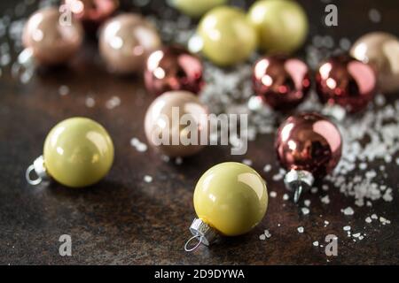 Christmas composition. Christmas glossy ball. Top view flat lay background. Stock Photo