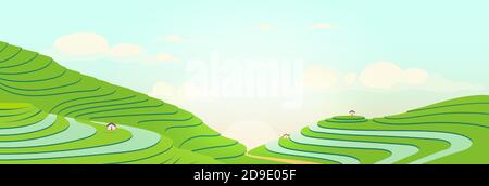Terraced fields at sunrise flat color vector illustration Stock Vector