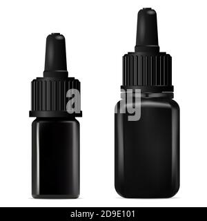 Black glass dropper bottle mockup. Cosmetic serum vial with drop cap. Essential oil container with eyedropper, realistic luxury illustration. Pharmacy Stock Vector