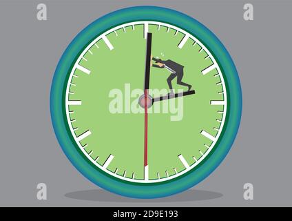 Business executive working hard to push back the minute hand on huge clock face. Creative vector cartoon illustration on time concept isolated on grey Stock Vector