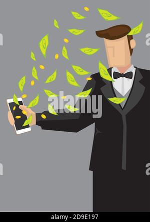 Rich man wearing tuxedo suit holding mobile phone with money flying out. Creative vector cartoon illustration on making money using modern technology Stock Vector
