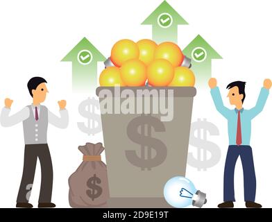 Businessmen with a basket of big yellow light bulbs with earning. Concept of creative innovation solution or brainstorming. Flat cartoon character vec Stock Vector
