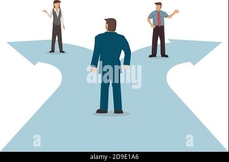 Businessman standing in front of a crossroad with road split in two different ways. Flat vector illustration. Stock Vector