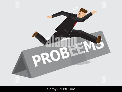 Businessman leaps and jumps over hurdle with word Problems on it. Creative vector illustration on metaphor for overcoming challenges and adversity at Stock Vector