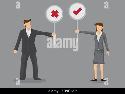 Businessman in suit holding sign with cross symbol and businesswoman holding sign with tick symbol. Vector illustration of business characters isolate Stock Vector