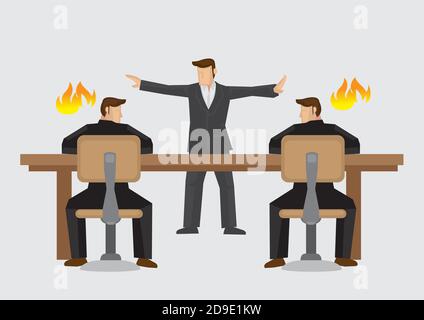 Mediator trying to resolve businessmen deadlocked in acrimonious debate. Vector illustration on business mediator or dispute resolution concept isolat Stock Vector