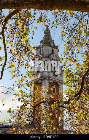 View through tree of the Lambeth Town Hall clocktower, Brixton, London Stock Photo