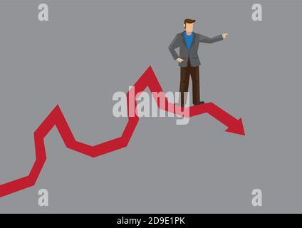 Cartoon business director pointing up but standing on stock chart with downward trend. Creative vector illustration on poor business management and wr Stock Vector