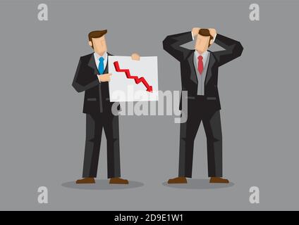 Businessmen with chart showing downward trend feeling stressed about declining business. Cartoon vector illustration on poor business performance conc Stock Vector