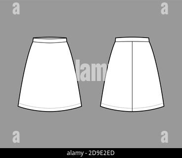 Skirt A-line fullness technical fashion illustration with knee length  silhouette, thick waistband, side zipper. Flat bottom template front, back,  white grey color style. Women, men, unisex CAD mockup Stock Vector Image 