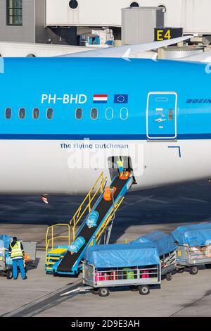 Schiphol, The Netherlands - January 16, 2020:  Loading of passenger suitcases and cargo on board of a KLM Boeing airplane on Schiphol Airport, The Net Stock Photo