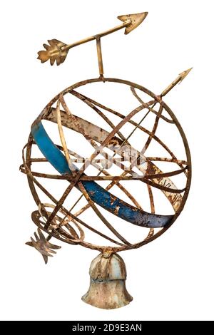 Weathered ancient rusted sundial isolated on a white background Stock Photo