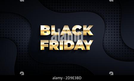 Black Friday abstract sale banner. Vector illustration of golden text, wavy shapes and halftone pattern over dark background for your design Stock Vector