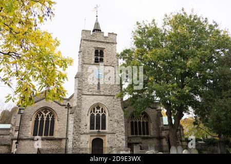 The church tower of St Nicholas' Parish Church in Chiswick, west London, UK Stock Photo