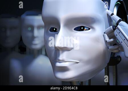Robot head in front of many others. 3D rendered illustration. Stock Photo