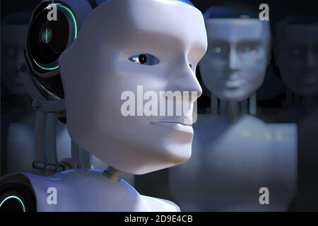 Robot head in front of many others. 3D rendered illustration. Stock Photo