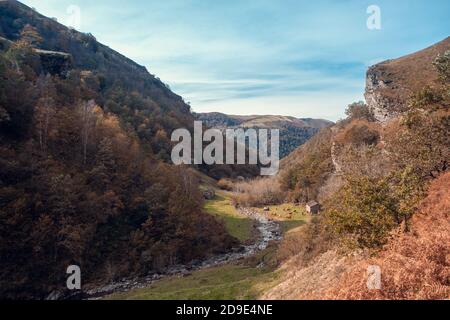 Small meadow with herd of go in the area of Vega de Pas. Stock Photo