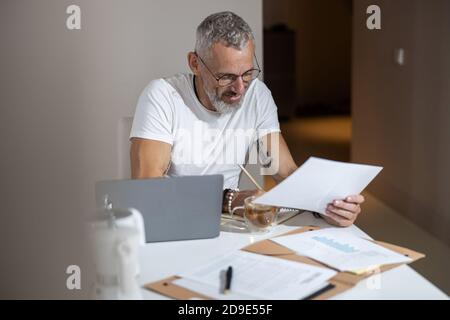 Businessman reading through the document and noting down information Stock Photo