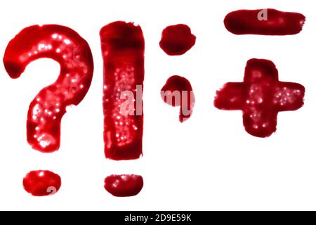 Painted in bloody paint symbol sign of question mark, exclamation mark set isolated on white background. Stock Photo