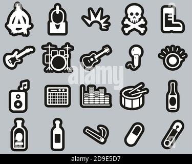 Punk Music & Culture Icons White On Black Sticker Set Big Stock Vector