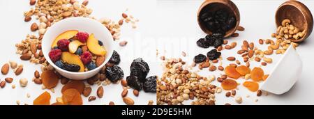 collage of delicious granola with nuts and dried fruits scattered from bowls on white, banner Stock Photo