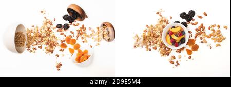 collage of of delicious granola with nuts, peach, blueberry and dried apricots scattered from bowls isolated on white, banner Stock Photo