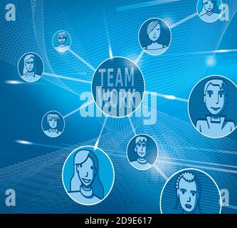 Vector illustration of a touch screen with a representation of teamwork. Stock Vector