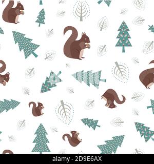 Cute squirrel in forest vector seamless pattern background. Scattered folk art woodland animals, acorns and trees on white backdrop. Brown, teal, blue Stock Vector