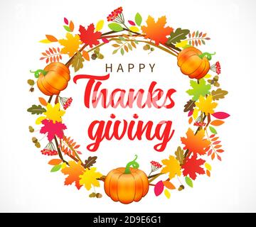 Hand drawn Happy Thanksgiving typography poster. Celebration quote 'Happy Thanksgiving' with wreath pumpkin, berries and leaves for Thanksgiving card Stock Vector