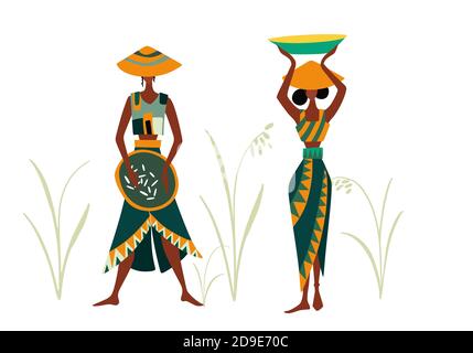 Flat farmer people. Asian farm rice fields vector illustration set. Stock Vector