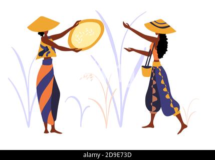 Flat farmer people. Asian farm rice fields vector illustration set. Stock Vector