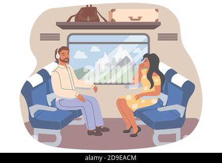 Passengers traveling by train, flat vector illustration. Railroad travel, railway journey. Stock Vector