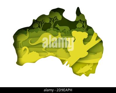 Mainland Australia map with wildlife, vector illustration in paper art style. Stock Vector