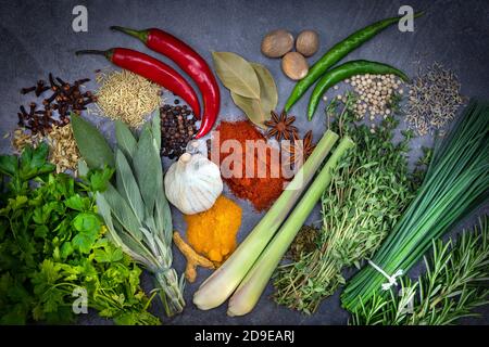Herbs and Spices on a grey slate background. Stock Photo
