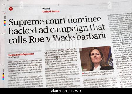 'Supreme court nominee backed ad campaign that calls Roe v Wade barbaric' Amy Coney Barrett Guardian newspaper headline on 2 October 2020 in London UK Stock Photo