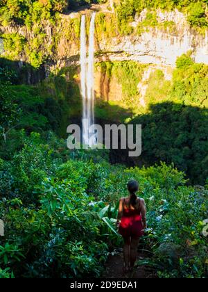 Aerial view of Chamarel Waterfall in tropical jungle of Mauritius Stock Photo