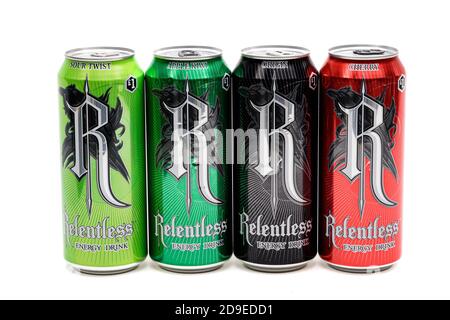 London, United Kingdom, 14th October 2020:- A selection of Relentless Energy Drinks Isolated on a white background Stock Photo