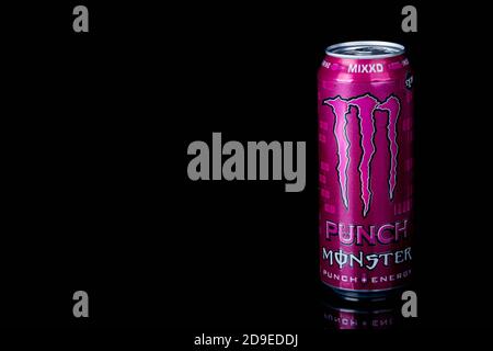 London, United Kingdom, 14th October 2020:- A can of Monster MIXXD Energy Drink Isolated on a black background Stock Photo