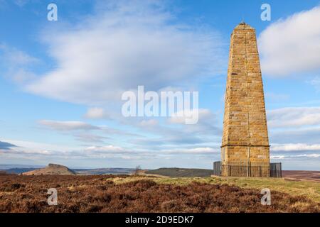 Captain Cook's Monument on Egton Moor, near Great Ayton, Cleveland, with Roseberry Topping in the background Stock Photo