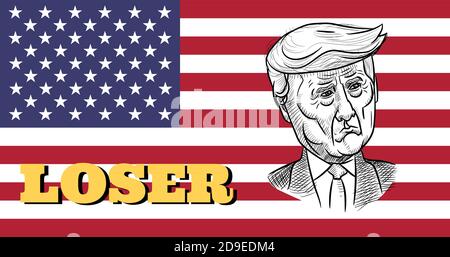 Nov 5. 2020, Bangkok, Thailand: Caricature drawing portrait of Republican Donald Trump, the loser for American President Election 2020, on US flag. Stock Vector